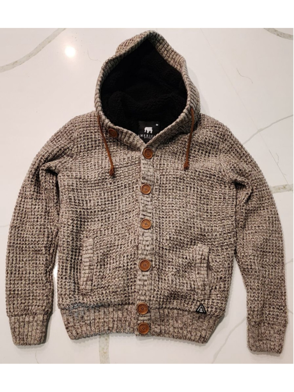 American Stitch Men's M Hooded Cardigan Sweater Brown Elbow Patch Sherpa Jacket